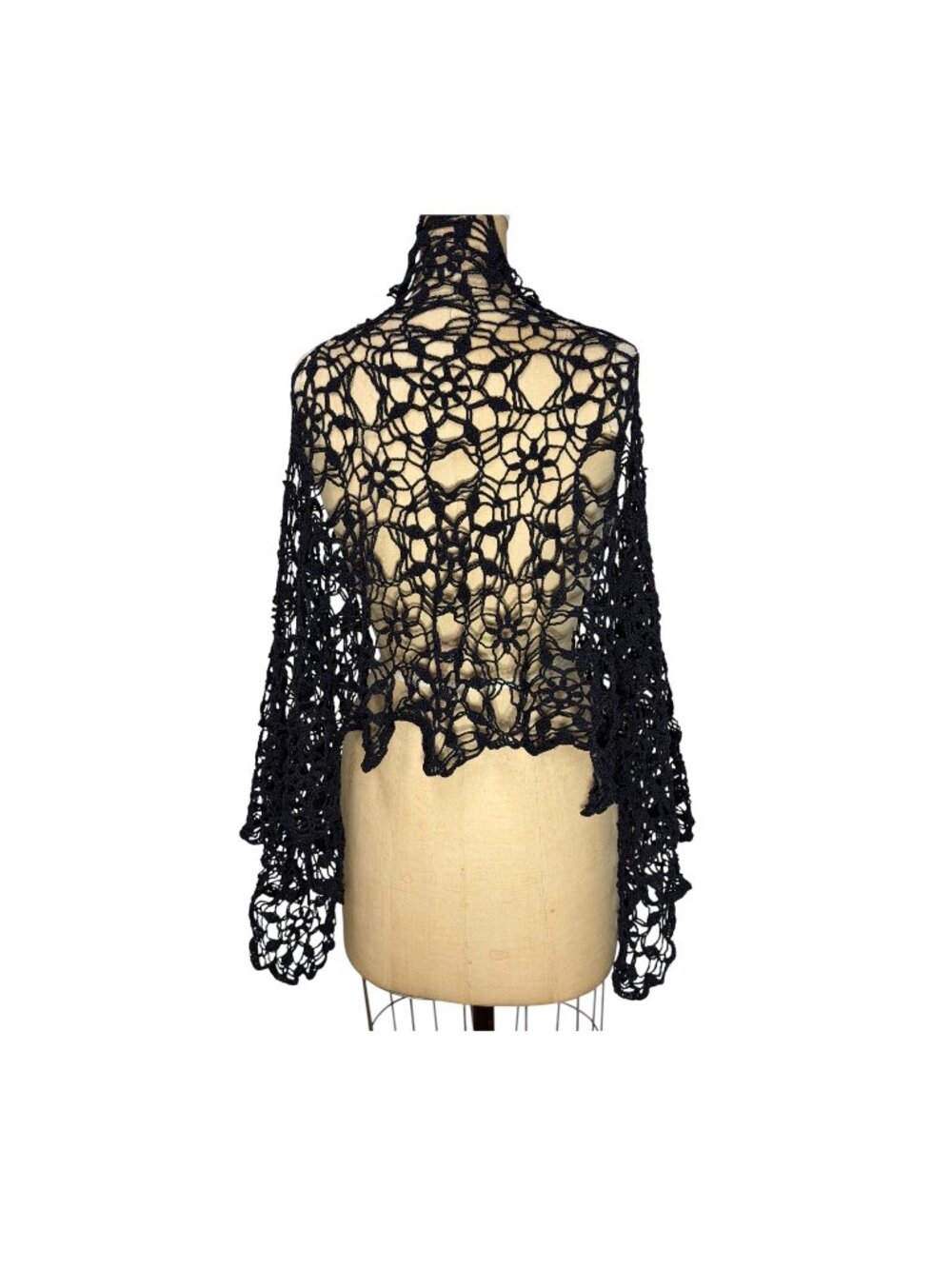 Vintage black crocheted shawl wrap cotton
